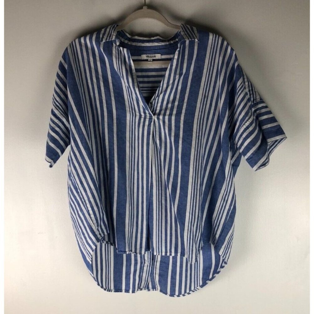 Madewell Blue & White Striped Linen Blend Popover Top Relaxed Oversized Fit M